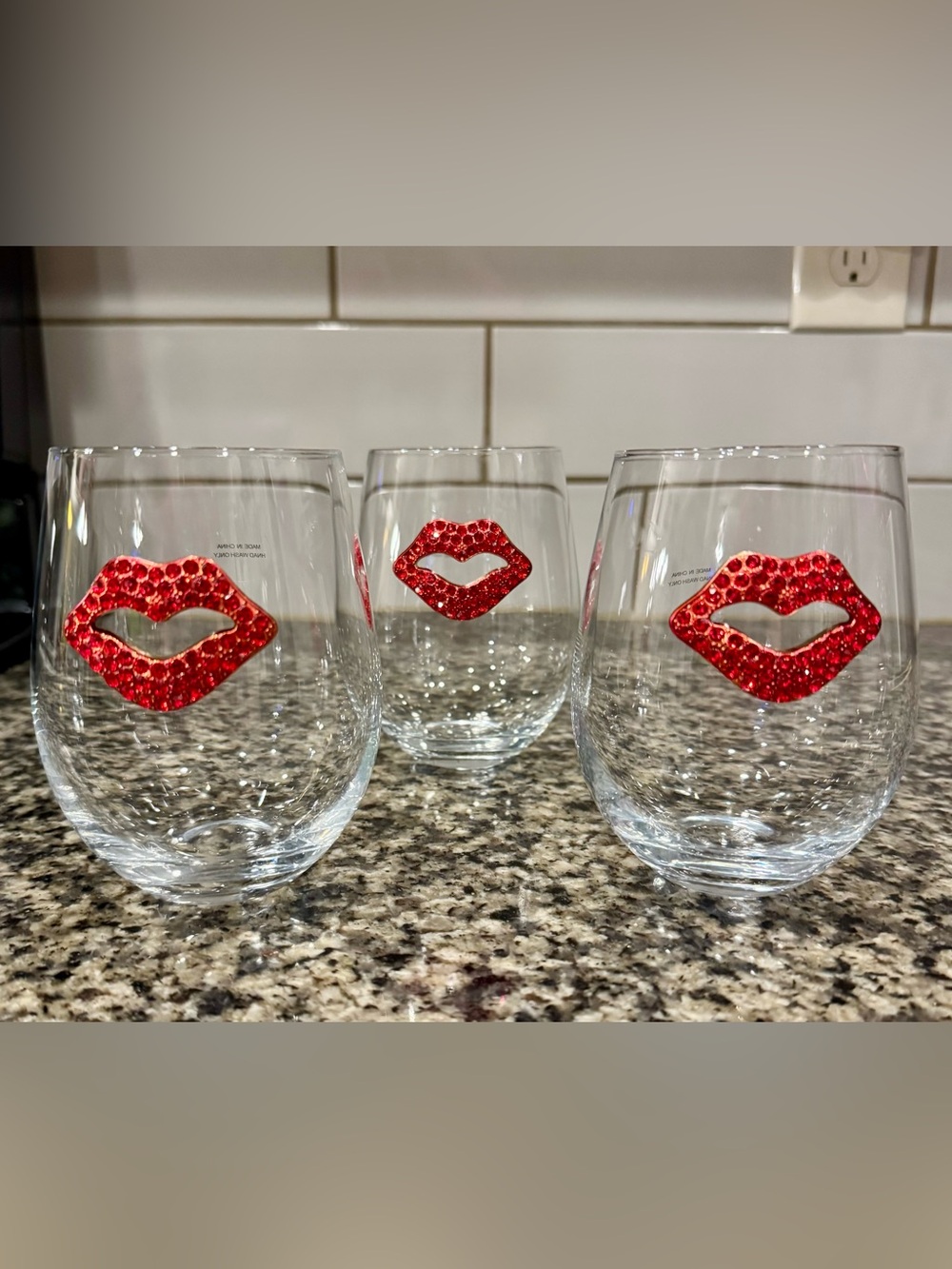 Crystal Stemless Wine Glass Set with Red Rhinestone Lip Accent